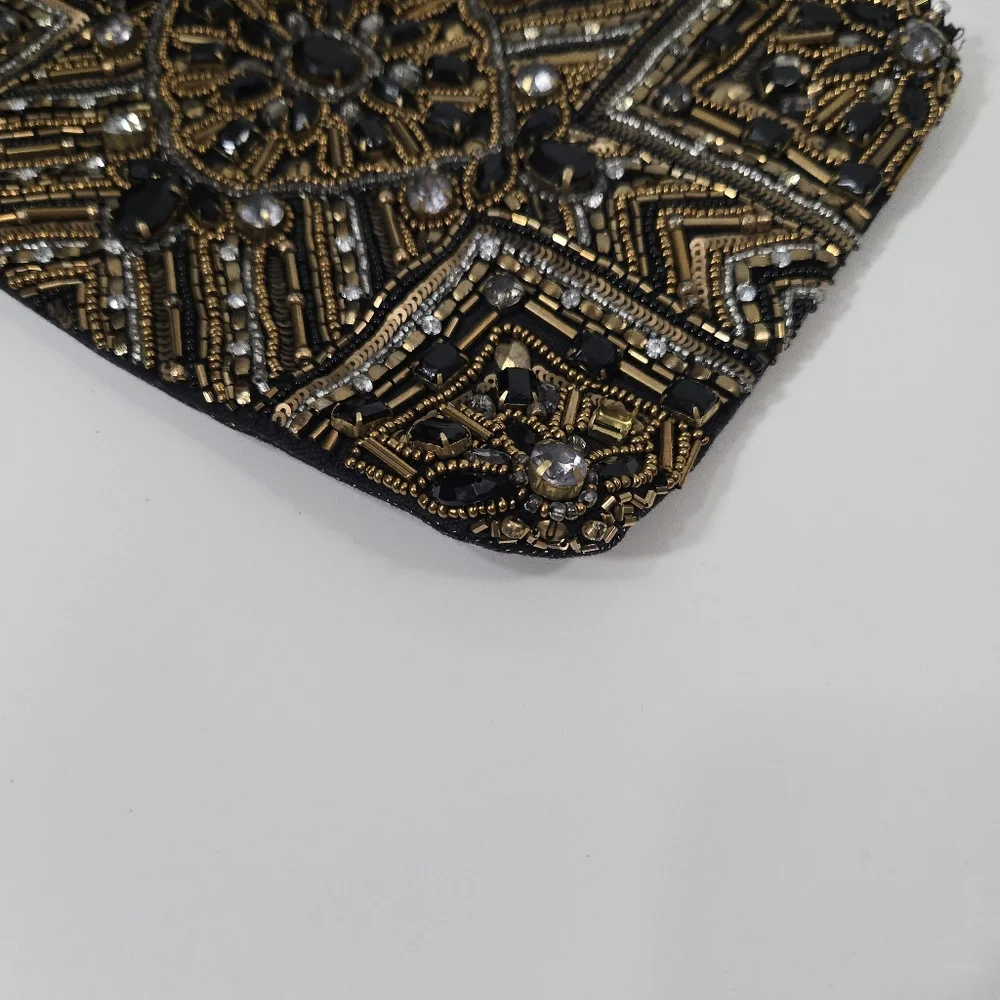 Chico's Black and Gold Beaded Wristlet Clutch